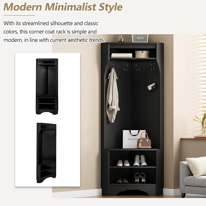 Harper & Bright Designs Minimalist Corner Hall Tree with Shoe Bench, Versatile Entryway Coat Rack with 4 Hooks, Corner Cabinet with Adjustable Shelf for Hallway, Living Room, Black, 29.5''W*71.6''H - Image 4