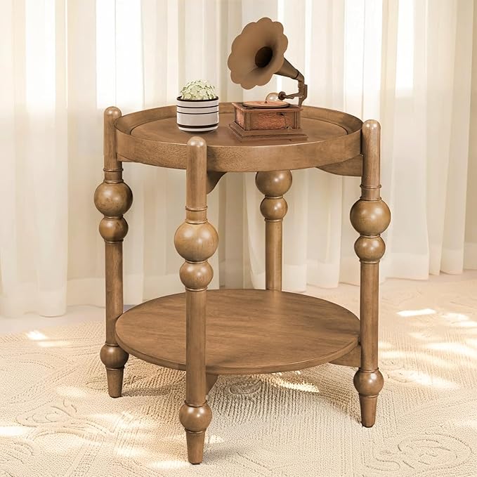 23" Round End Table with Solid Wood Frame, Small Side Table with Wood Shelf for Living Room Small Space Office Apartment, Natural