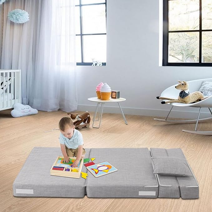 ANONER Folding Sleeper Chair Sofa Bed Lazy Couch with Pillow, Twin Size, Light Gray, Convertible Sleeper Chair and Foam Fold Out Chair Bed