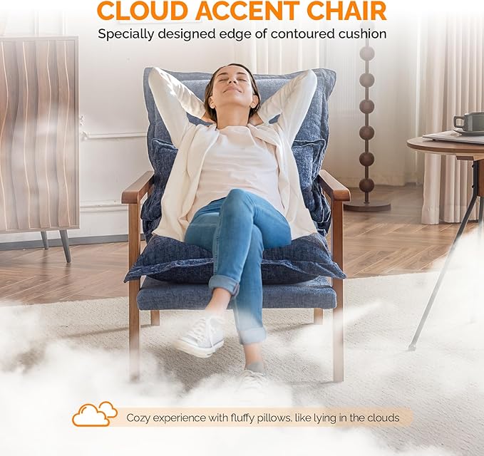 VINGLI Mid-Century Modern Cloud Accent Armchair with Lumbar Pillow, 6.3'' Thick Seat Cushion Comfy Reading Chair with Wooden Armrests，Boho Lounge Chair for Bedroom, Living Room, Chenille, Gray-Blue