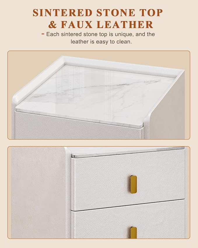 STARSAGA Narrow Nightstand with Drawers, 15.75" Narrow Bedside Table for Bedroom, Solid Wood Narrow Night Stand with Sintered Stone Top & Leather Surface, Slim Nightstand for Small Spaces, White - Image 5