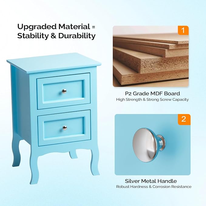 Bonnlo Nightstand Set of 2, Nightstands with 2 Drawers, Blue Nightstand, Bed Side Table/Night Stand, Small Nightstands for Bedroom, Small Spaces, College Dorm, Kids’ Room,Living Room, Wood,16W*12D*24H - Image 4