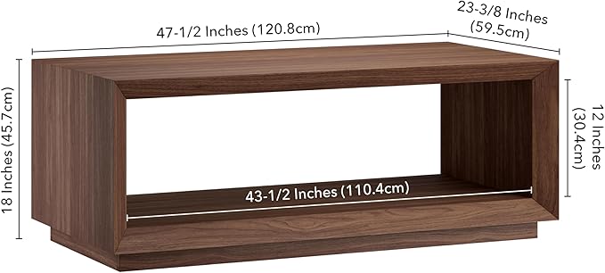 Henn&Hart 48" Rectangular Coffee Table with Open Storage Shelf for Living Room, Family Room, or Office, Medium Walnut