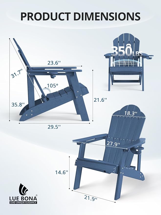 LUE BONA Adirondack Chairs Set of 6 - Weather Resistant Outdoor Seating with Cup Holder, Ideal for Poolside, Deck, Lake House & Outdoor Gathering, Blue - Image 2