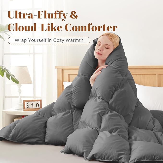 Cosybay Feather and Down Comforter Insert California King Size, 100% Cotton Cover, All Season Grey Down Feather Duvet Insert, Fluffy Soft Hotel Luxury Bedding for Bedroom, Cal King 104 x 96 Inch