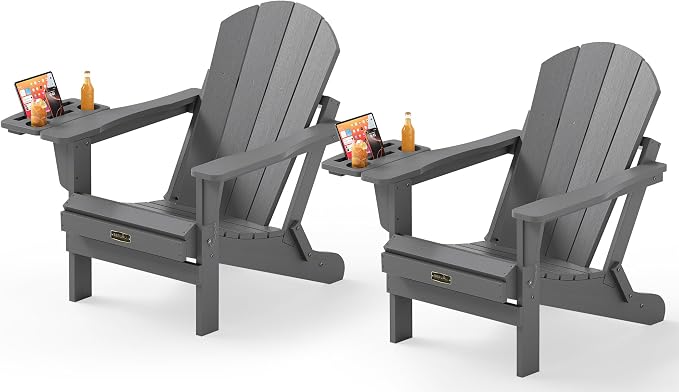 SERWALL Folding Adirondack Chair Set of 2, HIPS Adirondack Chairs with 4 in 1 Multi-Functional Cup Holder, Weather Resistant Plastic Chairs for Patio Garden Outdoors Fire Pit- Gray by SERWALL