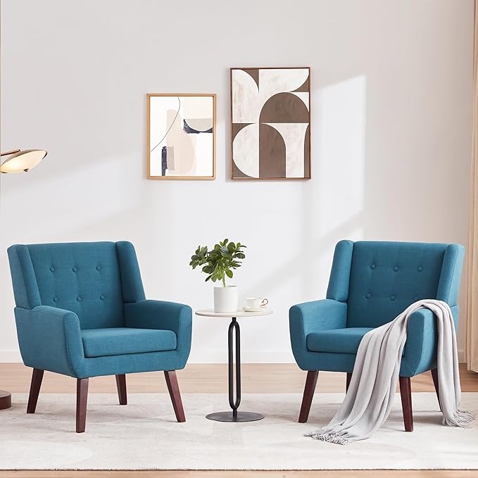 HUIMO Accent Chairs Set of 2,Upholstered Button-Tufted Living Room Chair with Wooden Legs,Mid Century Modern Linen Fabric Club Chair,Comfy Arm Chairs for Bedroom,Lake Blue 2PCS