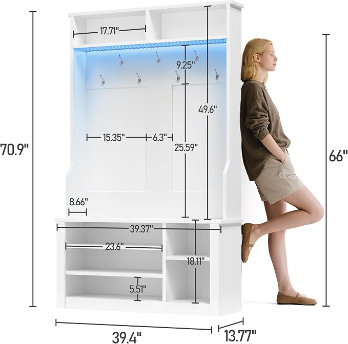 Aiho Entryway Bench with Coat Rack, 5-in-1 Hall Tree with Bench and Shoe Storage, Entryway Furniture, Adjustable LED Light, for Hallway, Living Room, White - Image 2