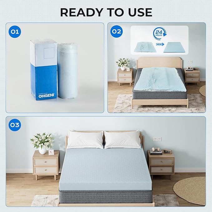 OhGeni Memory Foam Mattress Topper Pad, Soft Bed Cover with Anti-Slip Base, Size Queen, Style 3 Inch with Cover