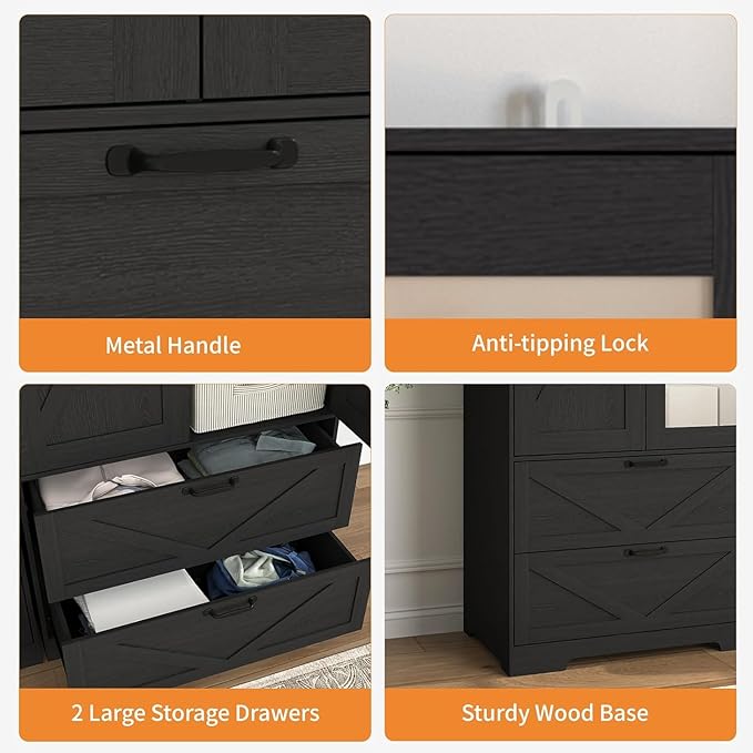 Black Armoire Wardrobe Closet with Mirror Door and LED Lights,72" Tall Farmhouse Bedroom Armoire with Drawers and Adjustable Shelves,Wooden Armoire Wardrobe Closet for Bedroom