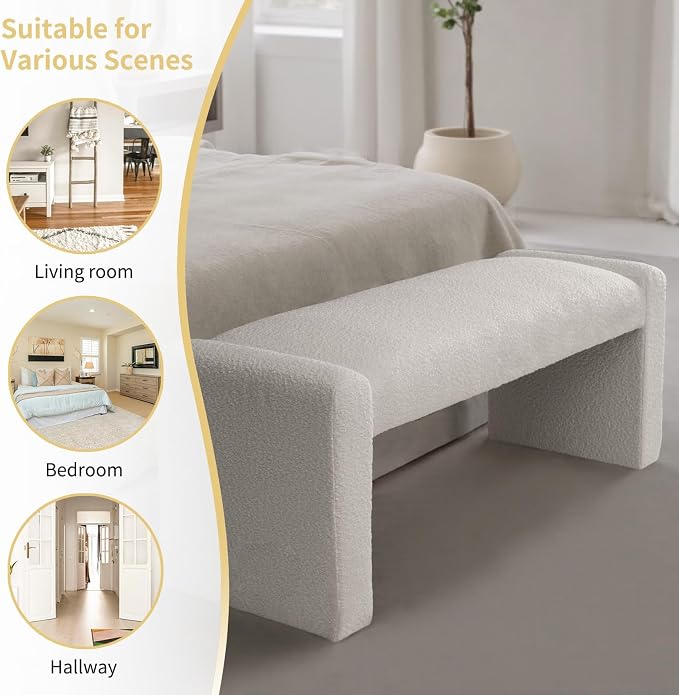 SIMTONAL 47" End of Bed Bench, Modern Fabric Upholstered Entryway Bench, Footrest Stool Accent Bench with Solid Wood Frame for Bedroom Living Room, White - Image 4
