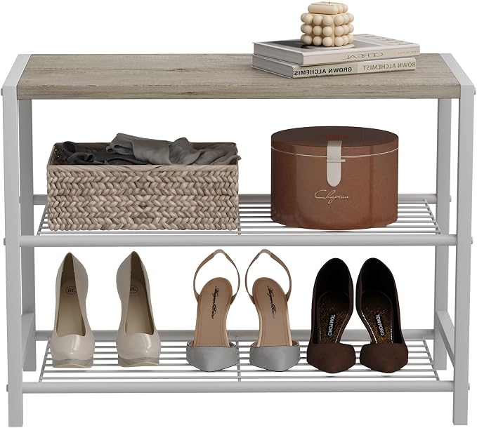 HOMEFORT 3-Tier Shoe Rack, Shoe Storage Shelf, Industrial Shoe Tower, Narrow Shoe Organizer for Closet Entryway, Small Shoe Rack Table with Durable Metal Shelves, White Oak - Image 9