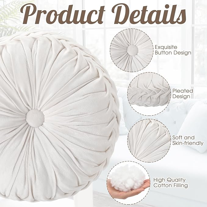 Beeveer 4 Pcs Round Throw Pillows 15 Inch Decorative Velvet Pleated Pumpkin Pillows Boho Floor Pillow with Center Button for Living Room Couch Chair Bed Sofa Home Decoration (Ivory)