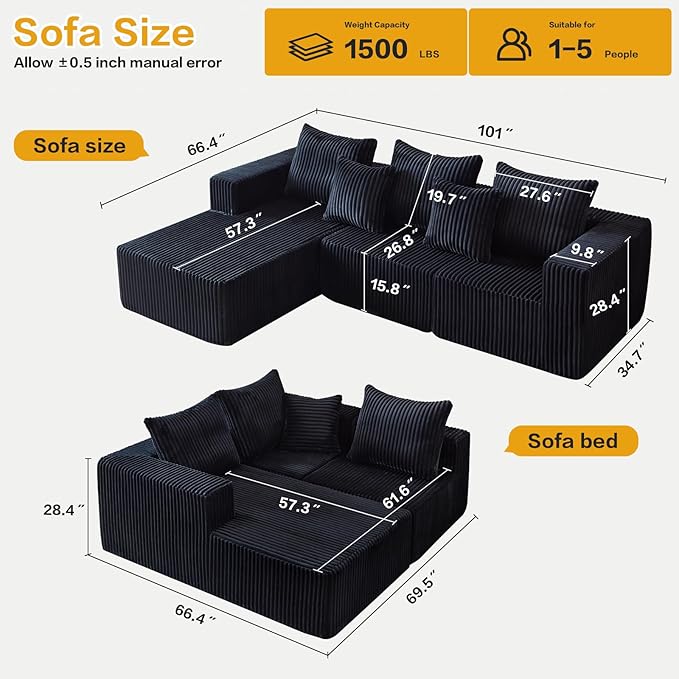Boneless Sectional Sofa, 101" Cloud Sofa with Wide-Wale Corduroy, Deep Seat L Shaped Couch, All-Foam Filled Compressed Couch for Living Room (Black, Corduroy)