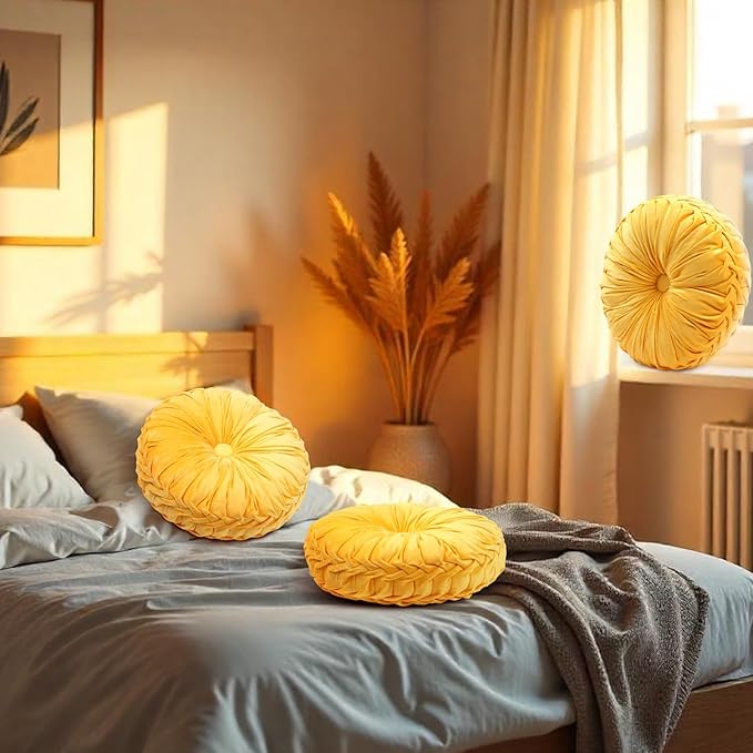 Beeveer 2 Pcs Round Throw Pillows 15 Inch Decorative Velvet Pleated Pumpkin Pillows Boho Floor Pillow with Center Button for Living Room Couch Chair Bed Sofa Home Decoration (Yellow)