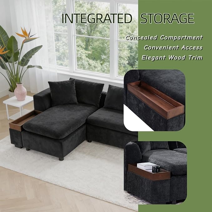 93.7" L-Shaped Sectional Sofa with Storage Chaise, Modern Couch for Living Room, Chenille Upholstered Couch with Deep Seats & Throw Pillows, Modern Corner Sofa for Living Room, Black