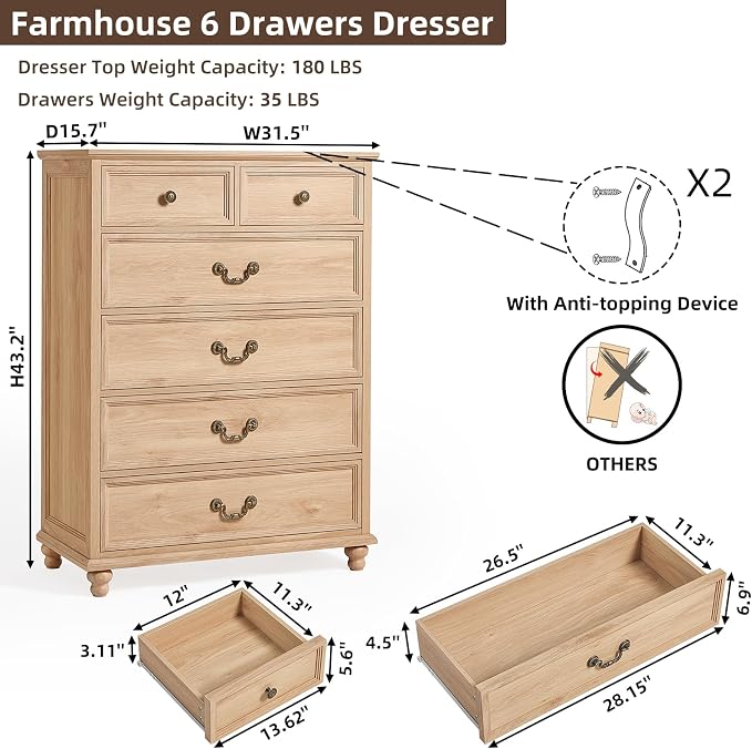 Joaxswe Farmhouse 6 Drawer Dresser Set of 2 for Bedroom, 42" Tall Rustic Chests of Drawers w/ 4 Solid Wood Feet, Mid Century Vintage Wooden Closet Storage Dressers Organizer for Living Room,Natural - Image 2
