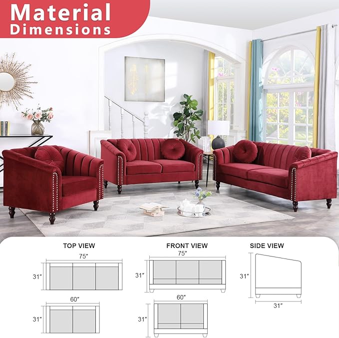 60" Loveseat Sofa, Microfiber Chesterfield Upholstered Sofas Love Seat, Couch Chair Sets with Style Button Tufted, Scroll Arms and Nailhead for Living Room, Office, Apartment-Red