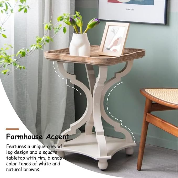 COZAYH Farmhouse Cottagecore End Table, Rustic Wood Tray Top Square Accent Table with White Curved Legs for Family Room, Living Room, or Small Spaces