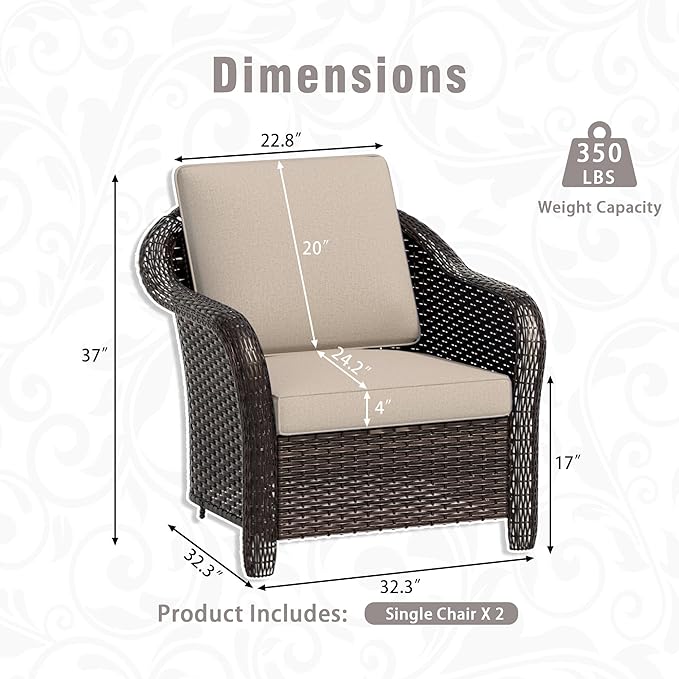 Outdoor Wicker Chair Set of 2, All-Weather Use Patio Rattan Chair with Seat and Back Cushion, Ideal for Porch, Backyard, Balcony, Poolside, Beige