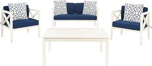 SAFAVIEH Outdoor Collection Nunzio Off-White/Navy Blue Cushion 4-Piece Conversation Patio Set with Accent Pillows
