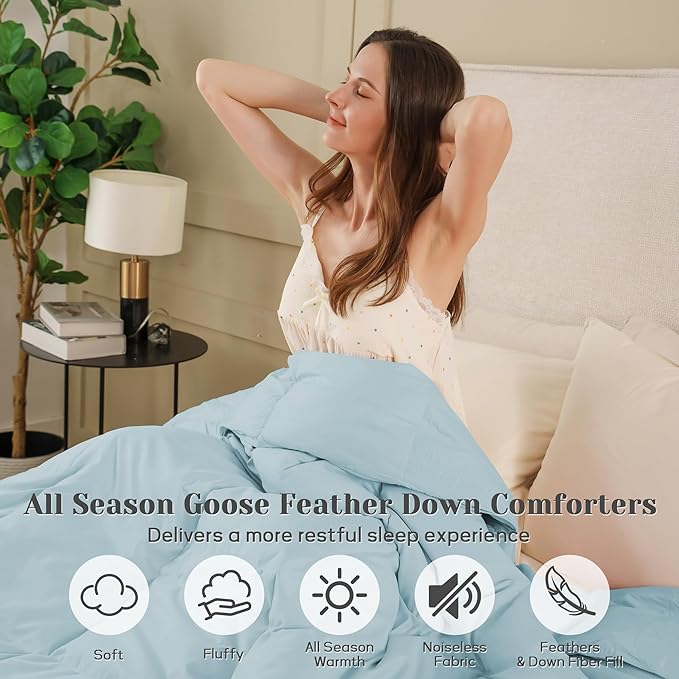 Joysoul Queen Size Down Comforter - All Season Ultra Soft Goose Down & Feather Fiber Fill, Luxury Hotel Blue Duvet Insert with Corner Tabs (88" X 88")