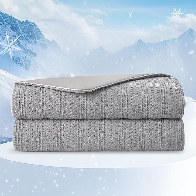 Amélie Home Waffle Cooling Comforter Twin Size, Q-Max 0.45 Reversible Lightweight Cooling Blanket for Hot Sleepers, Breathable Bedding for Night Sweats, 68"x90", Cool Gray