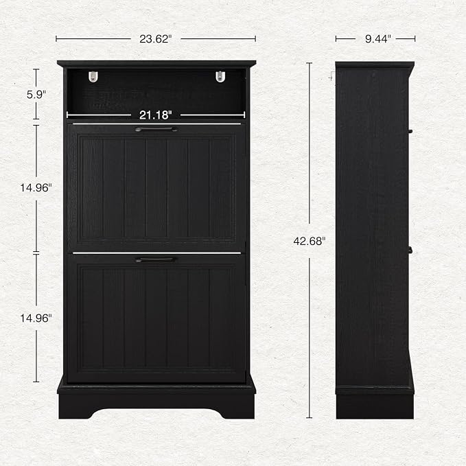 Shoe Storage Cabinet with 2 Flip Drawers, 24" W Farmhouse Modern Hidden Shoes Rack Cabinet with Adjustable Shelves & Open Storage, Narrow Slim Shoe Organizer for Front Door Entrance, Entryway, Black - Image 2