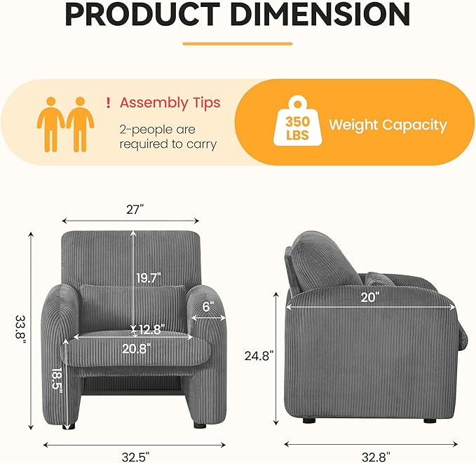 Modern Accent Chair, Comfy Upholstered Corduroy Armchair, Stylish Lounge Reading Chair for Living Room, Bedroom, Grey