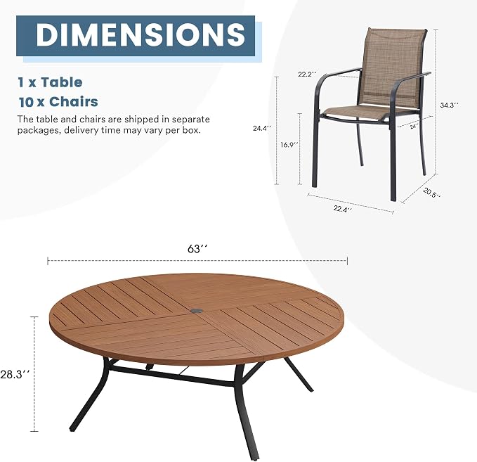 DIFY 11 Pieces Outdoor Patio Dining Set for 10, 63" Walnut Round Metal Patio Table and 10 Brown Stackable Textilene Patio Chairs, Outdoor Table and Chairs for Backyard Garden Poolside - Image 8