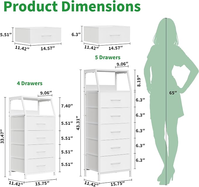 White Dresser for Bedroom, Storage Organizer with 5 Drawers, Vertical Fabric Storage Stand, Nightstand Bedside Table, Sturdy Steel Frame & Wooden Top - Image 3