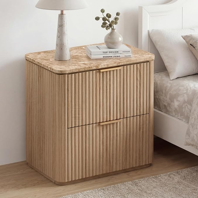 Fluted Night Stand, 23"W Nightstand with 2 Drawers, Wood Bed Side Table with Faux Marble-Top, Curved Profile Design, Metal Handle, Modern Bedside Table for Bedroom, Living Room End Table, Natural Oak - Image 6