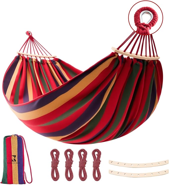 Hammock, Cotton Canvas Hammock Portable Camping Hammock with Carrying Bag Two Anti Roll Balance Beam Metal Carabiner Ropes and Tree StrapsSuit for Indoor,Yard,Camping,Outdoor-Rainbow by Unknown