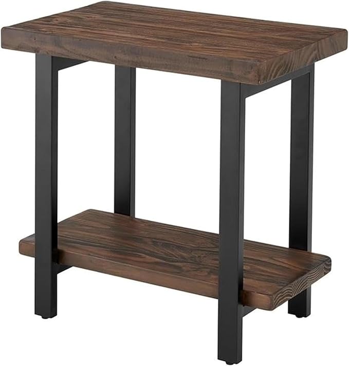 Alaterre Furniture Pomona Living Room Tables – 2-Tier Solid Wood End Table with Natural Finish and Metal Legs – Modern Farmhouse Accent or Home Décor (Rustic Brown)