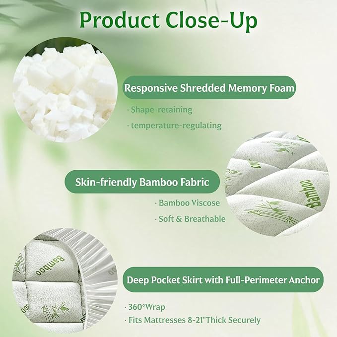 Bamboo Mattress Topper Twin Size with Deep Pocket 1700 GSM Cooling Shredded Memory Foam Mattress Pad Rayon Derived from Bamboo, Ideal for Side Sleepers, Back Pain, Hot Sleepers