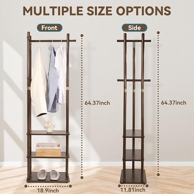 Wood Coat Rack Freestanding Clothing Rack with 3 Storage Shelves and 5 Hooks Coat Tree Heavy-Duty Garment Rack for Corner Entryways Living Rooms and Bedrooms, Walnut - Image 3