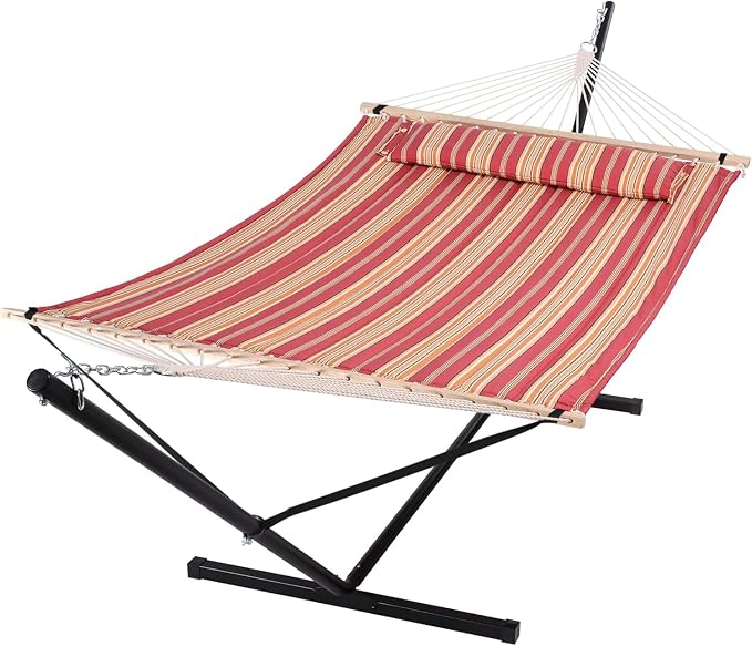SUNCREAT Outdoor Hammock with Stand, Two Person Quilted Fabric Hammock Swing with 12ft Steel Stand, Red Stripes by SUNCREAT