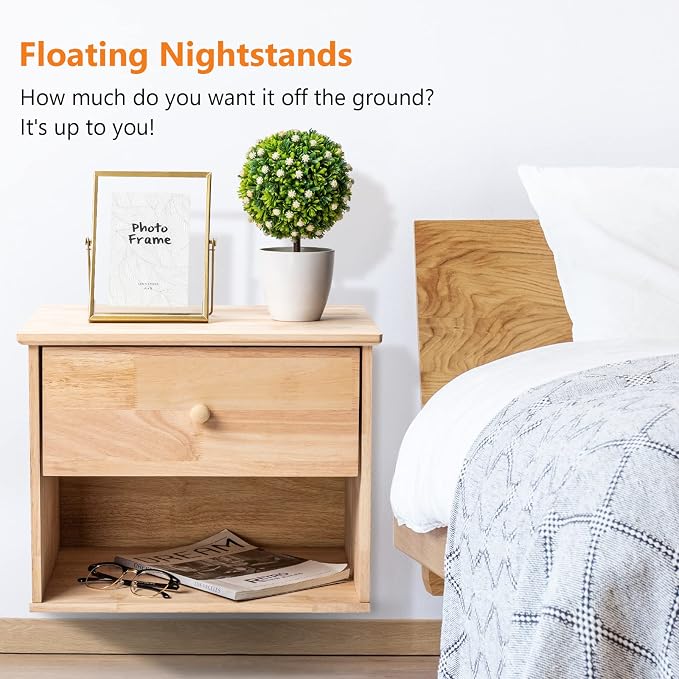 VINGLI Unfinished Natural Solid Wood Floating Nightstand for Bedroom Set of 2, Small Nightstand with Drawer & Open Shelf, Farmhouse Night Stand Wall-Mounted Bedside Table for Small Space Color DIY - Image 3