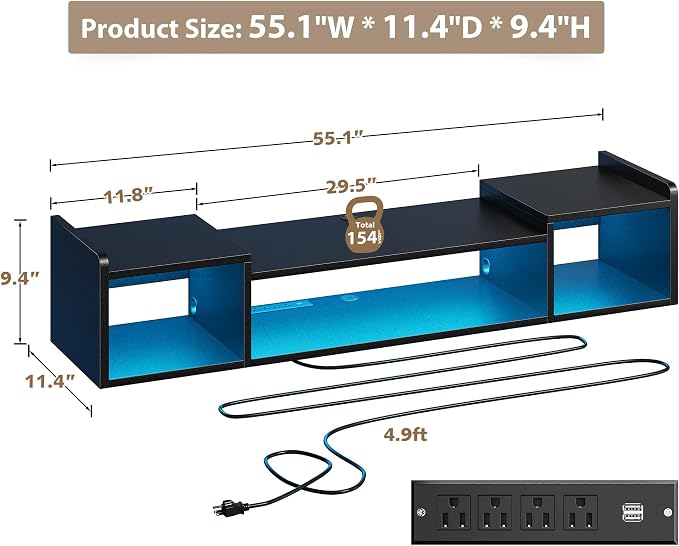 55.1"W Floating TV Stand with LED Lights & Power Outlets for 50 55 60 65 Inch TV Wall Mounted Entertainment Center with Storage for Living Room Wood Media Console Shelf Black TV Shelf Wood for Bedroom - Image 7