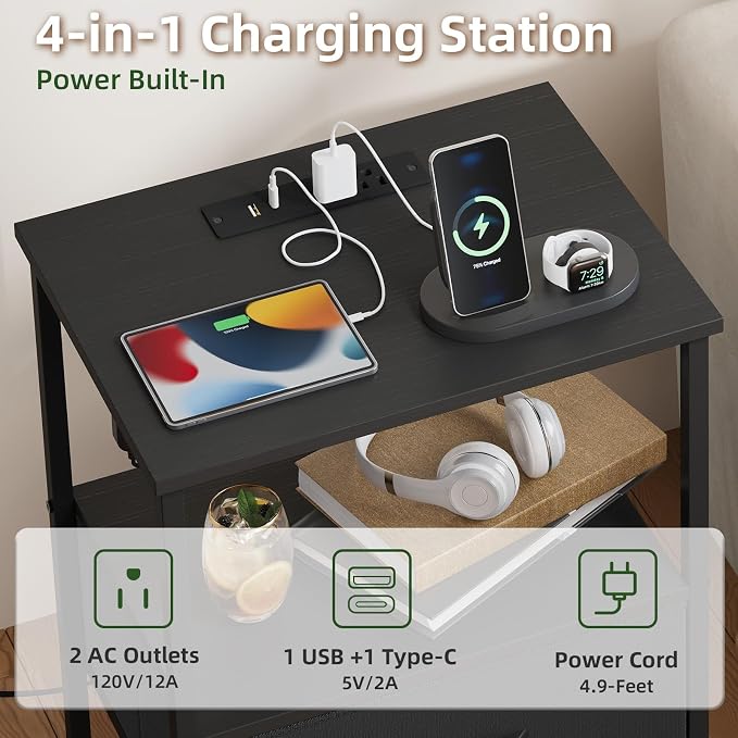 Somdot Black Nightstand with Charging Station and LED Light for Bedroom, 2 Drawers Dresser with Fabric Bins for Bedside Kids Dorm Room Closet Laundry Entryway, Black - Image 5