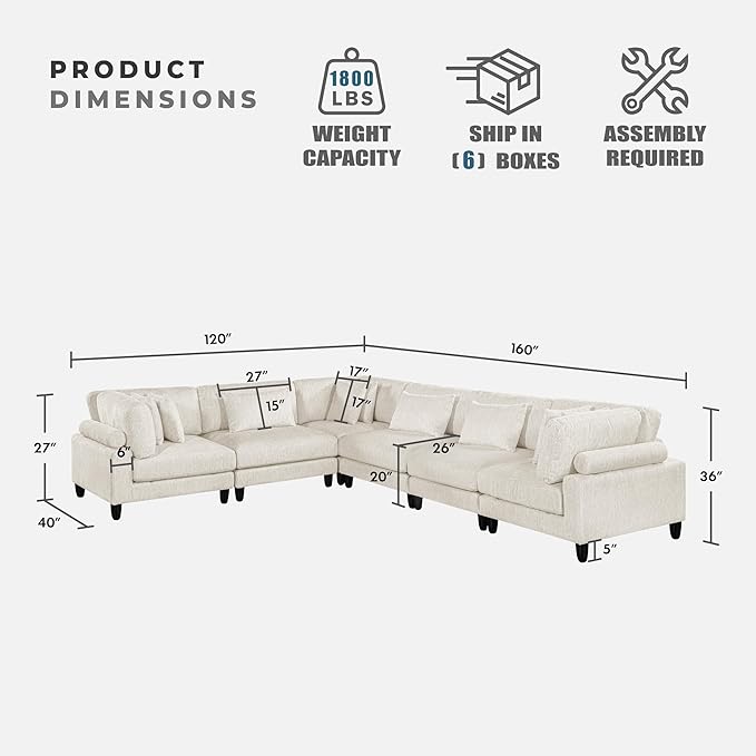 Lexicon 120 Inch Modular Sectional Sofa - Oversized 6 Seater Microfiber L Shaped Sectional Couch, 9 Accent Pillows, and Flexible Arrangement for Modern Living Rooms, Beige