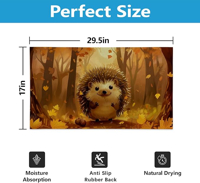 Cute Autumn Hedgehog Indoor Door Mat Gifts, Floor Area Rug for Entryway, Living Room or Bathroom, Non-Slip Woodland Animal Theme Doormat Home Decor Rug 17x29.5 Inch - Image 2