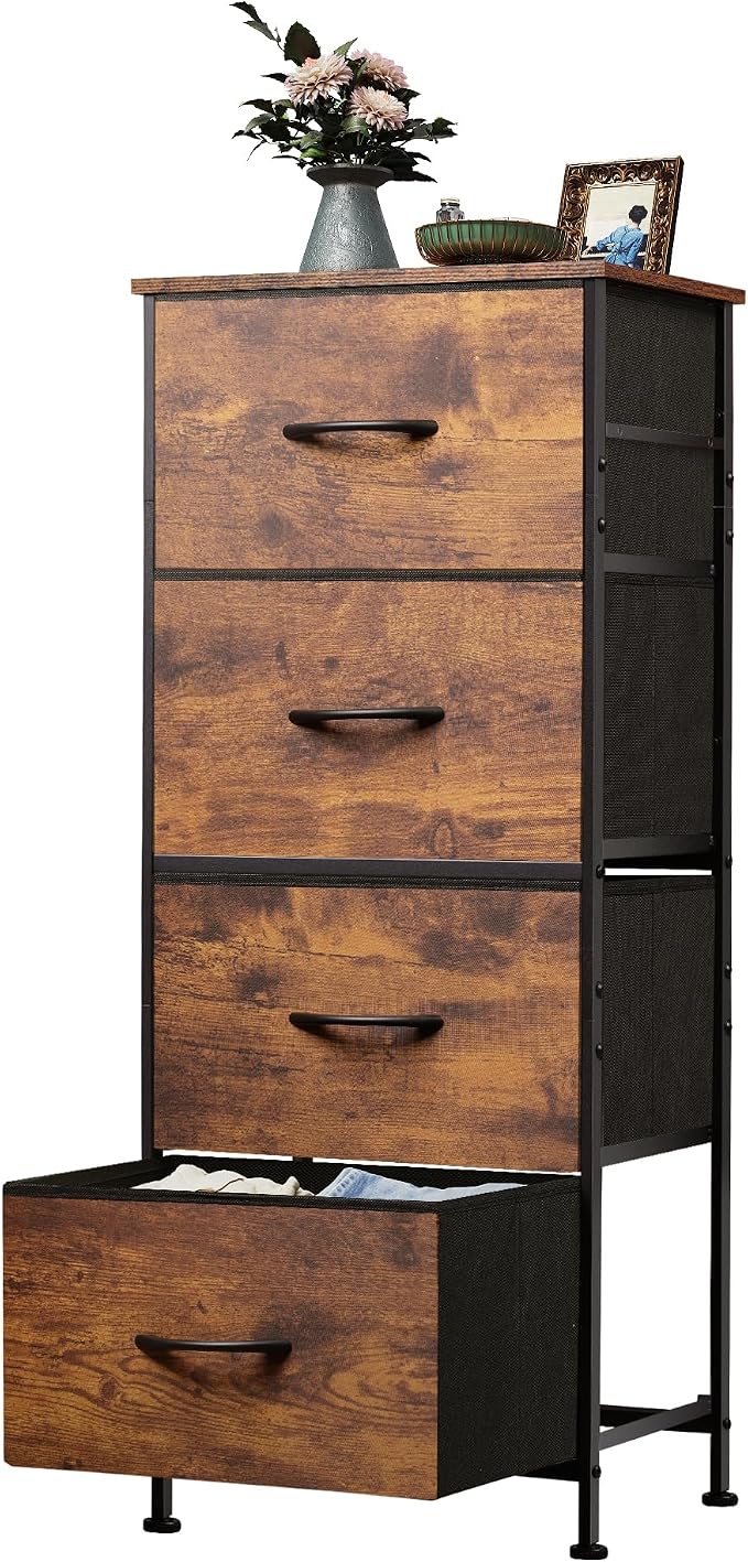 WLIVE Dresser with 4 Drawers, Fabric Storage Tower, Organizer Unit for Bedroom, Hallway, Entryway, Closets, Sturdy Steel Frame, Wood Top, Easy Pull Handle, Rustic Brown Wood Grain Print by WLIVE