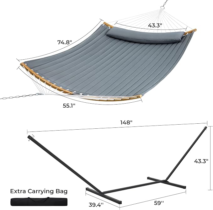 SUPERJARE Hammock with Stand, 2 Person Heavy Duty Hammock with Padded Cotton, Detachable Pillow & Strong Curved-Bar & Portable Carrying Bag, Perfect for Outdoor & Indoor, Neutral Gray - Image 8
