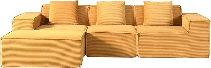 Compressed Sofa L Sectional, 112" Modular Cloud Couch with Ottoman, 23.2" Deep Seat Corduroy High-Back L-Shaped Sectional for Living Room/Bedroom, No Assembly, Ginger Yellow