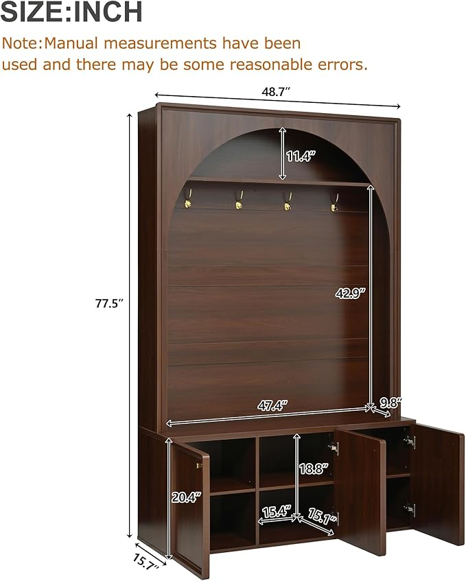 LUMISOL Entryway Hall Tree with Storage Bench, Arched Coat Rack with 4 Golden Hooks, Adjustable Shelves, and 3 Cabinets, Walnut - Image 2