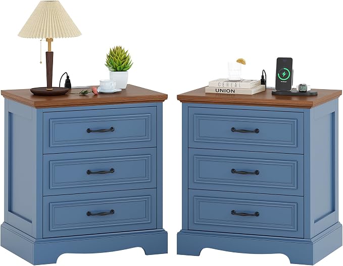Farmhouse Nightstand Set of 2, Wood Night Stand with 3 Drawers and Charging Station Modern Bedside Table for Bedroom End Side Table Storage Cabinet Small 6 Drawers Dresser (2, Blue) by Alohappy