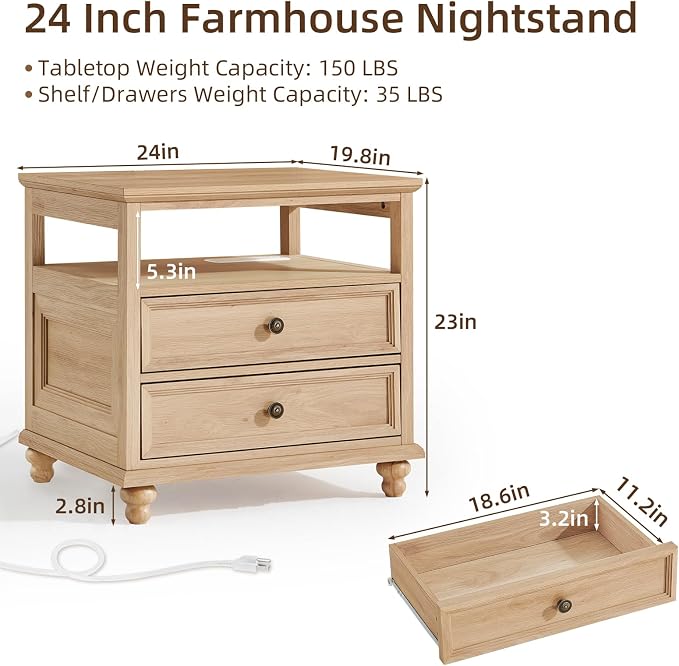 Joaxswe Farmhouse Nightstand Set of 2 with Charging Station, 24" Wide End Table with 2 Drawers,Natural Dresser for Bedroom,Bed Side Table Chest of Drawers Cabinet, Night Stand for Living Room - Image 2