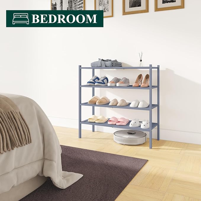 Smiry Bamboo Shoe Rack, 4 Tier Shoe Organizer for Entryway & Closet, Stackable Free Standing Storage Shelf for Shoes, Bags & Plants, Grey - Image 7