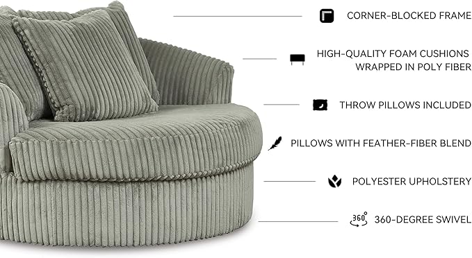 Signature Design by Ashley Lindyn Contemporary Oversized Accent Chair with 360-Degree Swivel, Feather Blend Throw Pillows, Corded Fabric, Gray